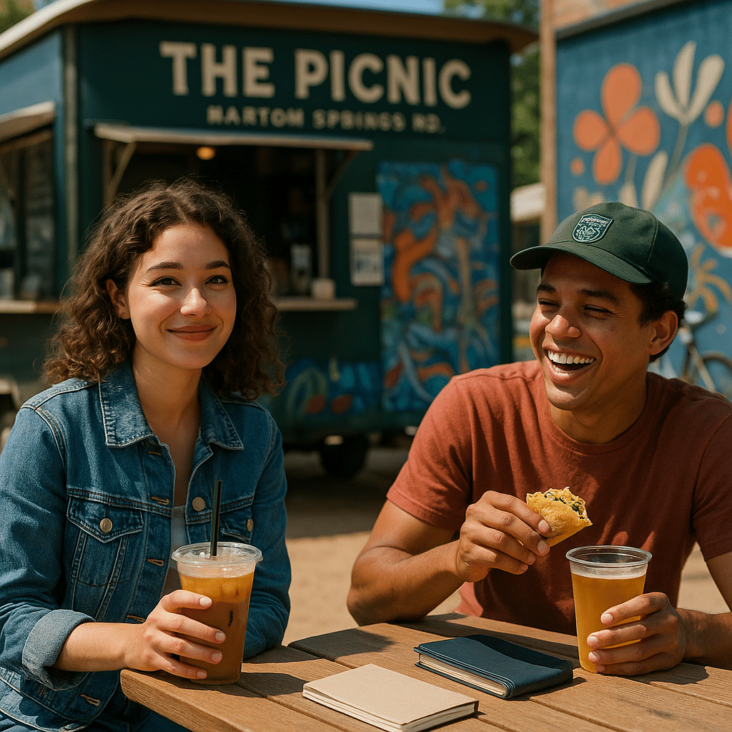 A scene at The Picnic on Barton Springs Road (food truck park), showing 2 person(s) in a youthful, casual setting with natural light and shallow depth of field.