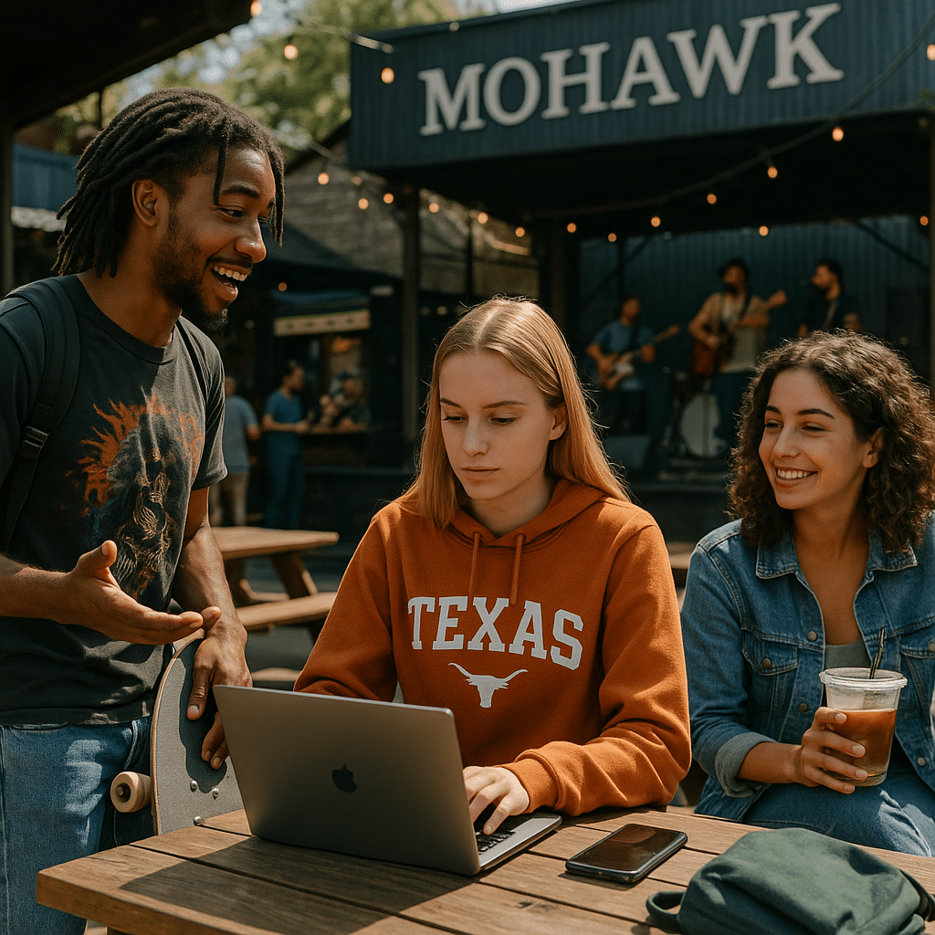 A scene at Mohawk Austin stage area (live music venue), showing 3 person(s) in a youthful, casual setting with natural light and shallow depth of field.