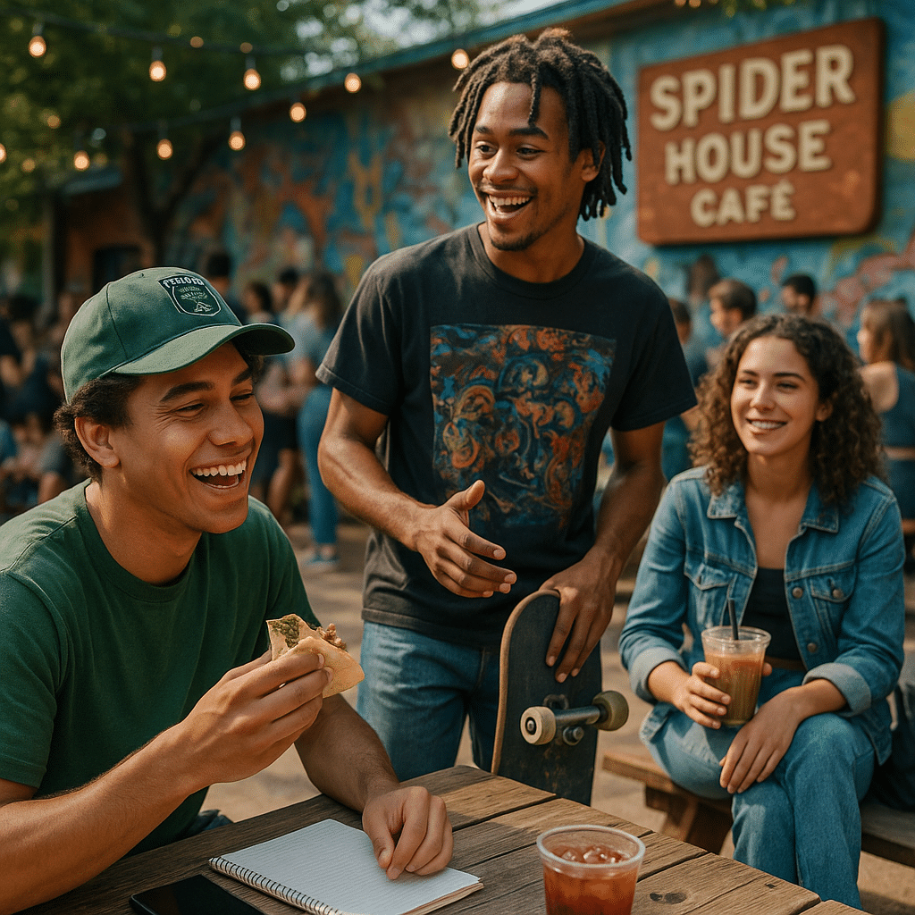 A scene at Spider House Café patio (outdoor coffeehouse), showing 3 person(s) in a youthful, casual setting with natural light and shallow depth of field.