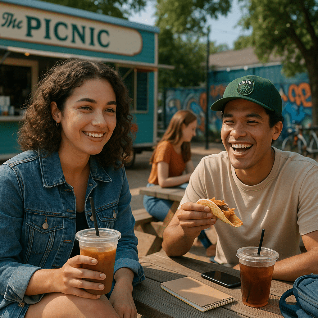 A scene at The Picnic on Barton Springs Road (food truck park), showing 2 person(s) in a youthful, casual setting with natural light and shallow depth of field.