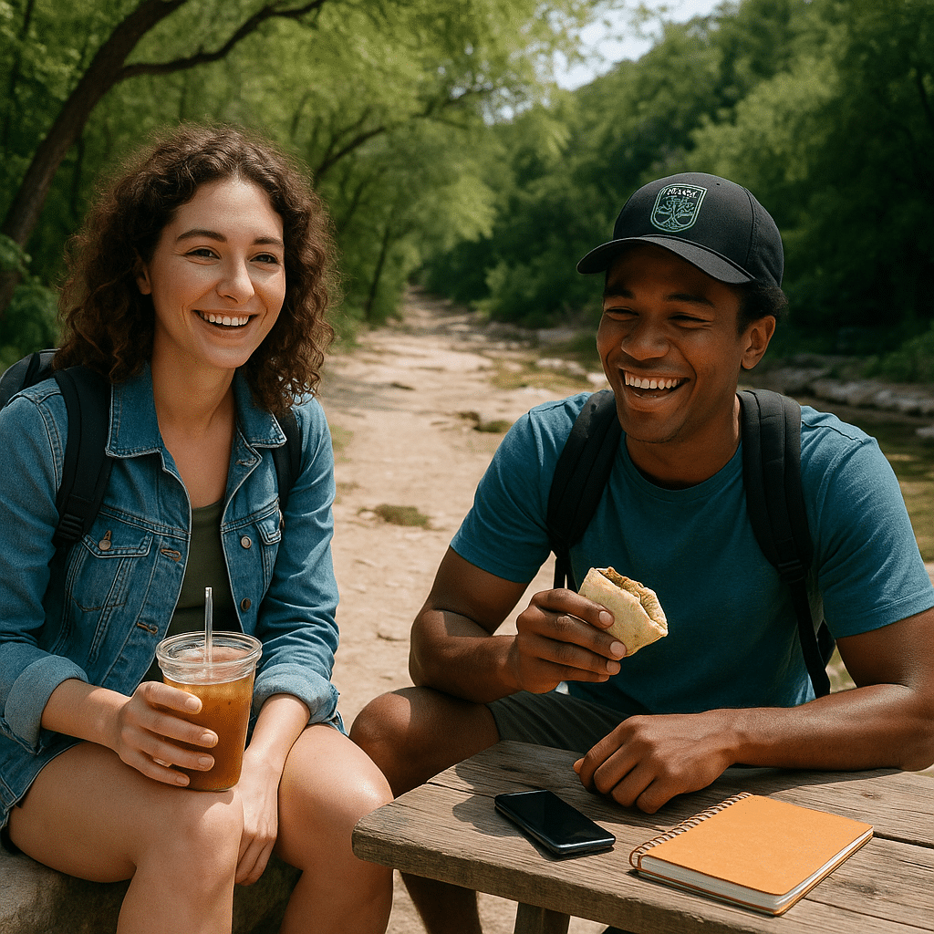A scene at Barton Creek Greenbelt (hiking trail), showing 2 person(s) in a youthful, casual setting with natural light and shallow depth of field.