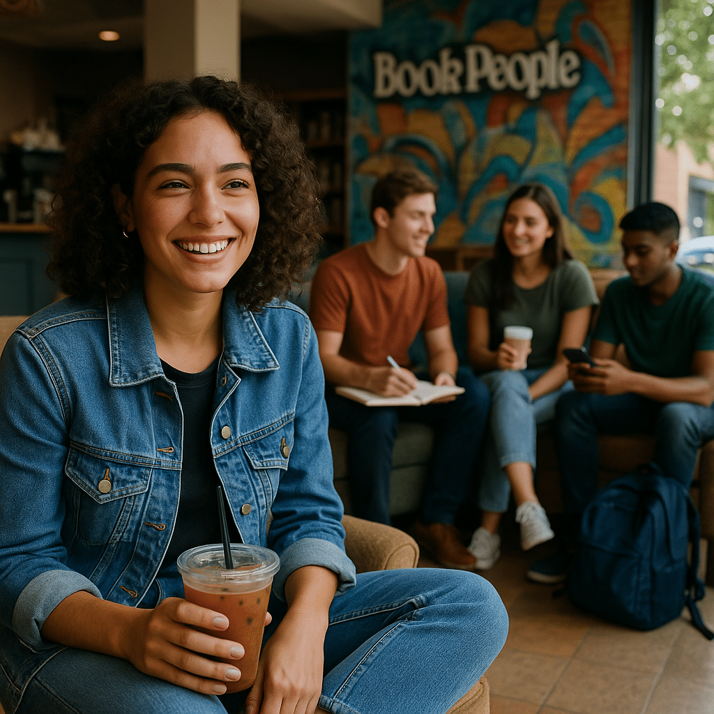 A scene at BookPeople reading nook (indie bookstore), showing 1 person(s) in a youthful, casual setting with natural light and shallow depth of field.