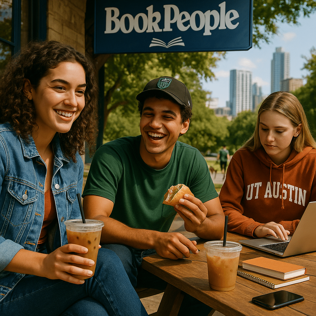 A scene at BookPeople reading nook (indie bookstore), showing 3 person(s) in a youthful, casual setting with natural light and shallow depth of field.