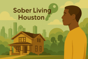 Sober Living Houston illustration featuring an African American man in a yellow shirt, a two-story home, green trees, and the Houston skyline with a key symbol above.