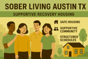 Group of diverse young adults smiling outside, representing sober living Austin TX with supportive recovery housing, safe homes, and structured schedules.