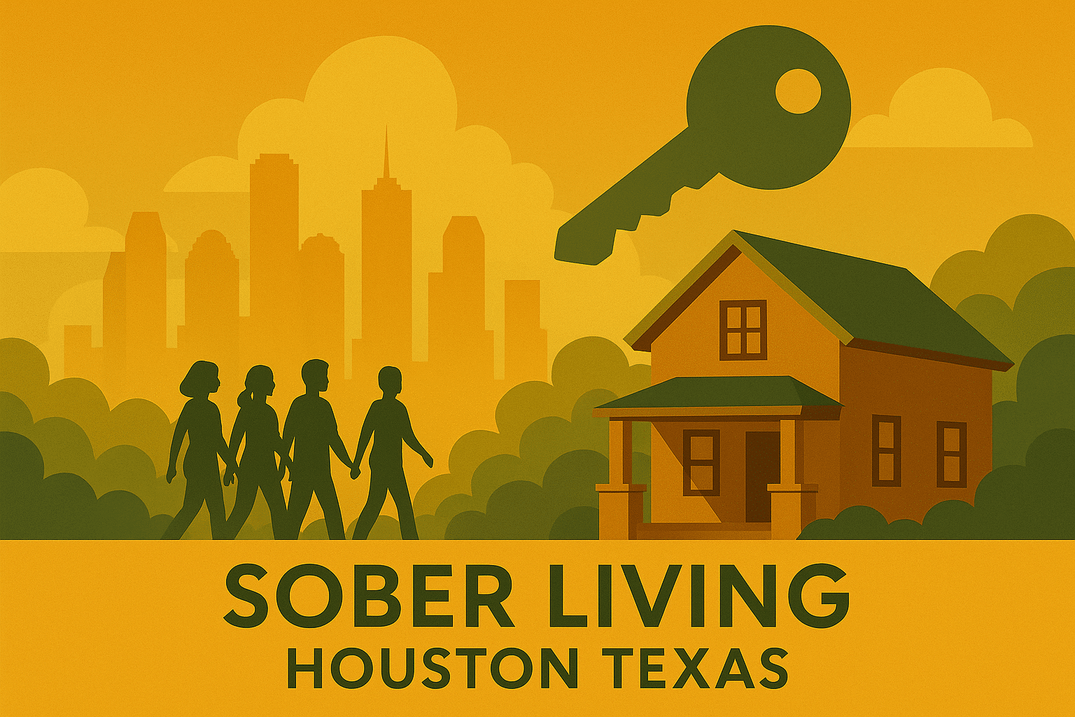 Group of people walking toward a supportive sober living home in Houston, Texas, with the city skyline in the background.