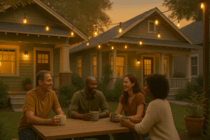 Residents enjoying coffee together outside a supportive sober living home in San Antonio at sunset.
