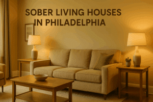Warm, fully furnished living room in a Philadelphia sober living home—safe, structured housing that supports long‑term recovery.