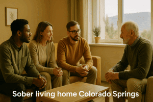 Group of residents in a sober living home in Colorado Springs discussing recovery with supportive guidance.