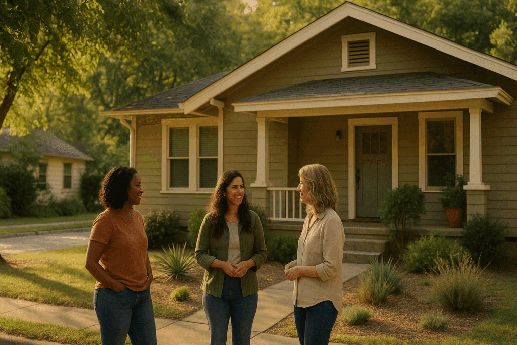 Women talking outside a cozy Austin bungalow at golden hour—photoreal editorial scene for women’s sober living in Austin.