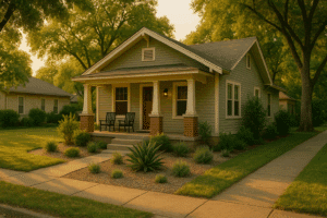 Sober living home in a quiet San Antonio neighborhood at golden hour with welcoming porch, clean landscaping, and warm, supportive atmosphere.
