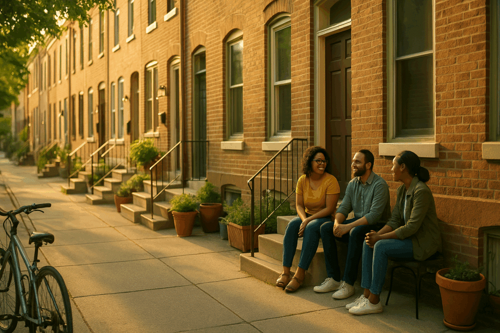 Philadelphia sober living houses on a welcoming South Philly rowhome block at golden hour, with residents talking on a stoop.