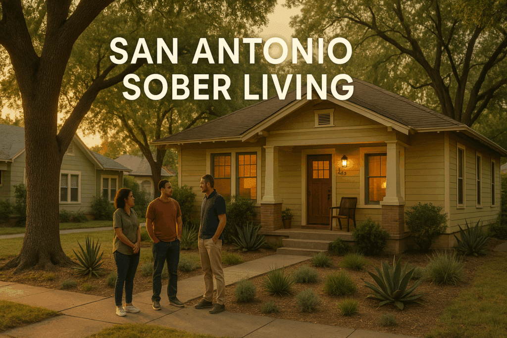 Sober living houses in San Antonio on a quiet Alamo Heights-style street at golden hour—welcoming bungalow, warm porch light, and residents chatting.
