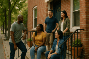 Sober living house Philadelphia on a welcoming South Philly rowhome block at golden hour, residents chatting on a stoop in a safe, structured recovery environment.
