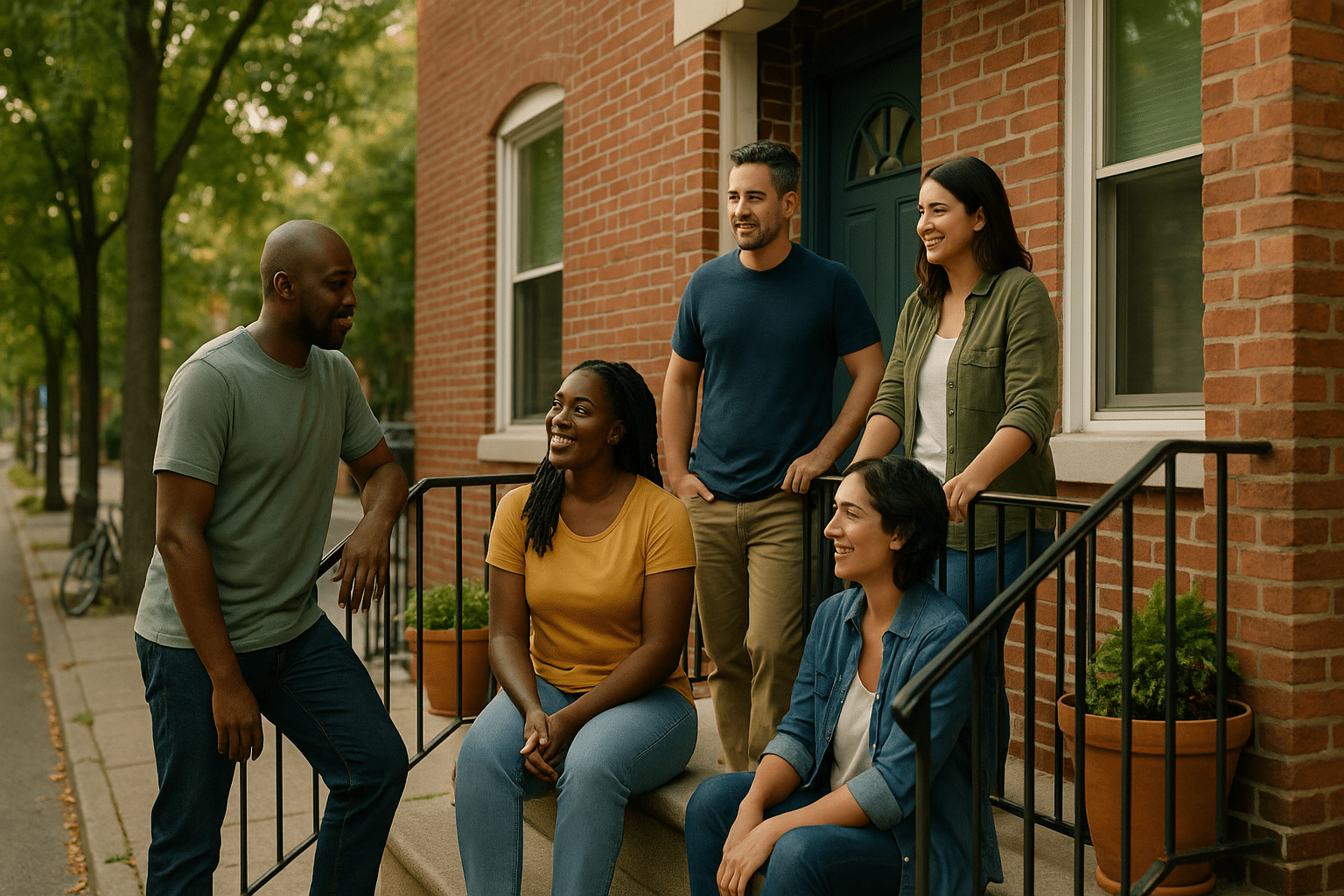 Sober living house Philadelphia on a welcoming South Philly rowhome block at golden hour, residents chatting on a stoop in a safe, structured recovery environment.