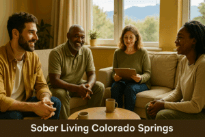 Group meeting in a cozy, supportive sober living Colorado Springs home with residents and a house manager.