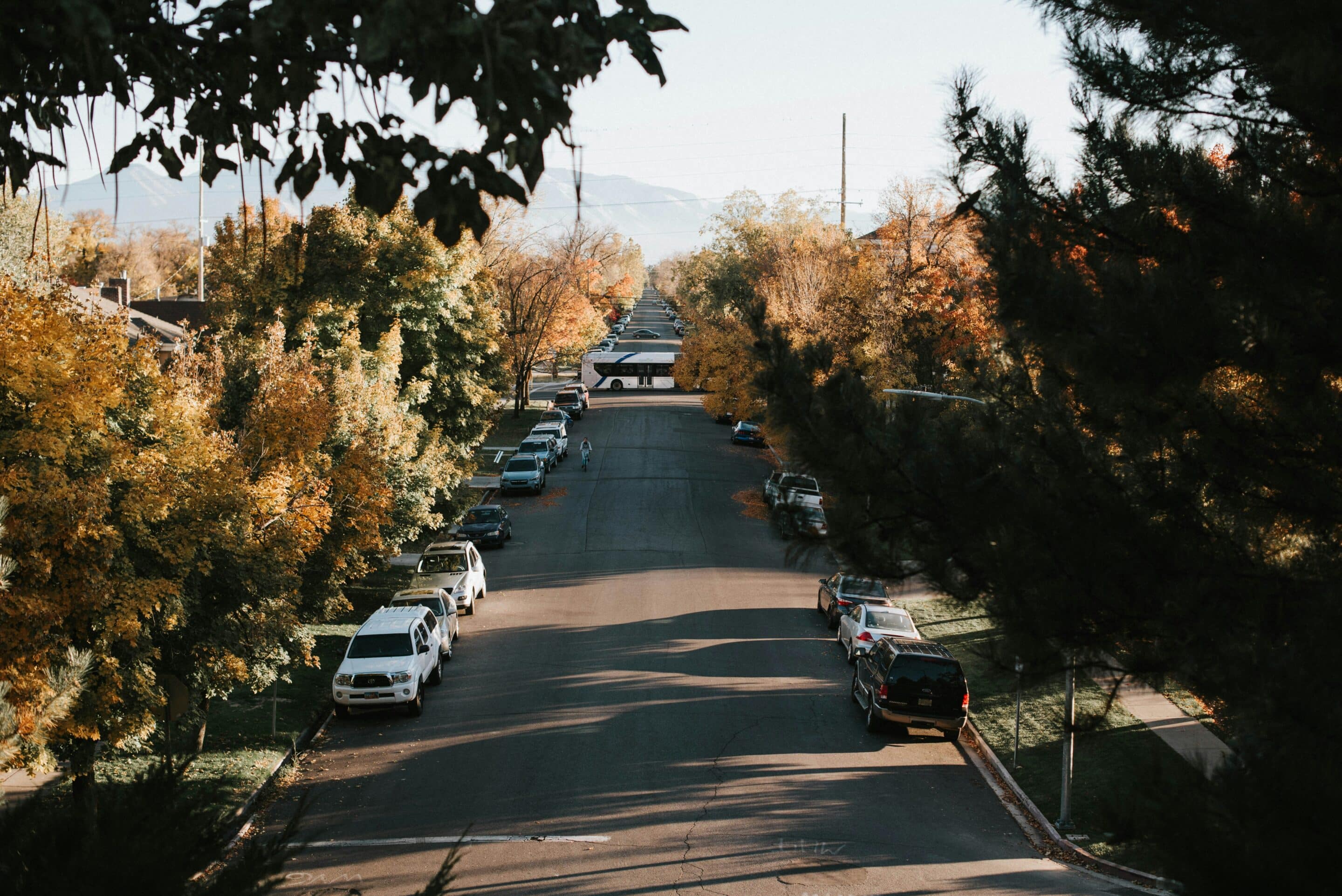 Provo neighborhood street with autumn colors, representing community and sober living.