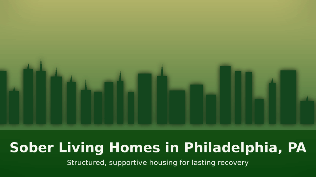 Sober living homes in Philadelphia, PA—stylized skyline in yellow and green palette