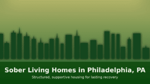 Sober living homes in Philadelphia, PA—stylized skyline in yellow and green palette