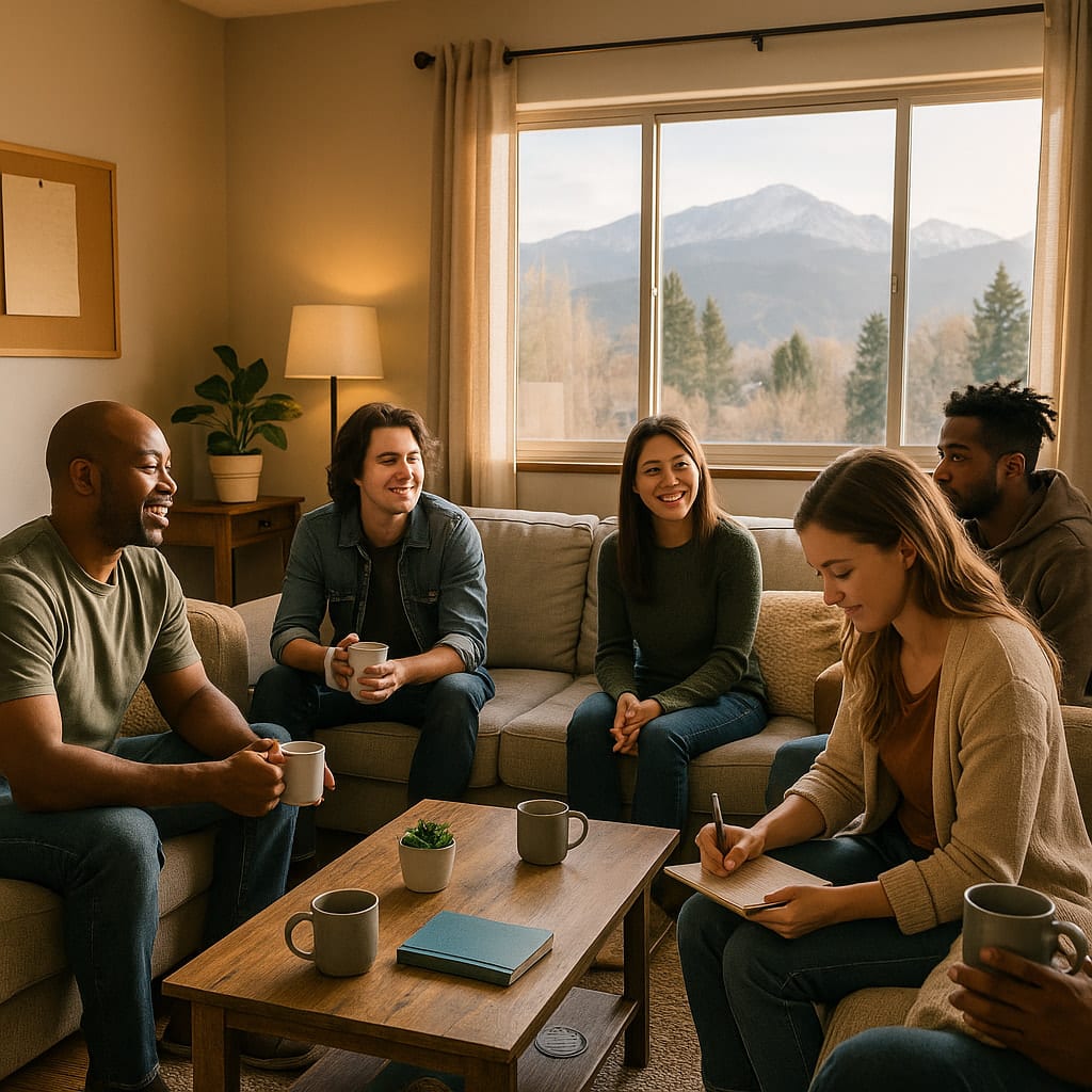 Residents share coffee and conversation inside a cozy living room at a sober living home in Colorado Springs with mountain views in the background.