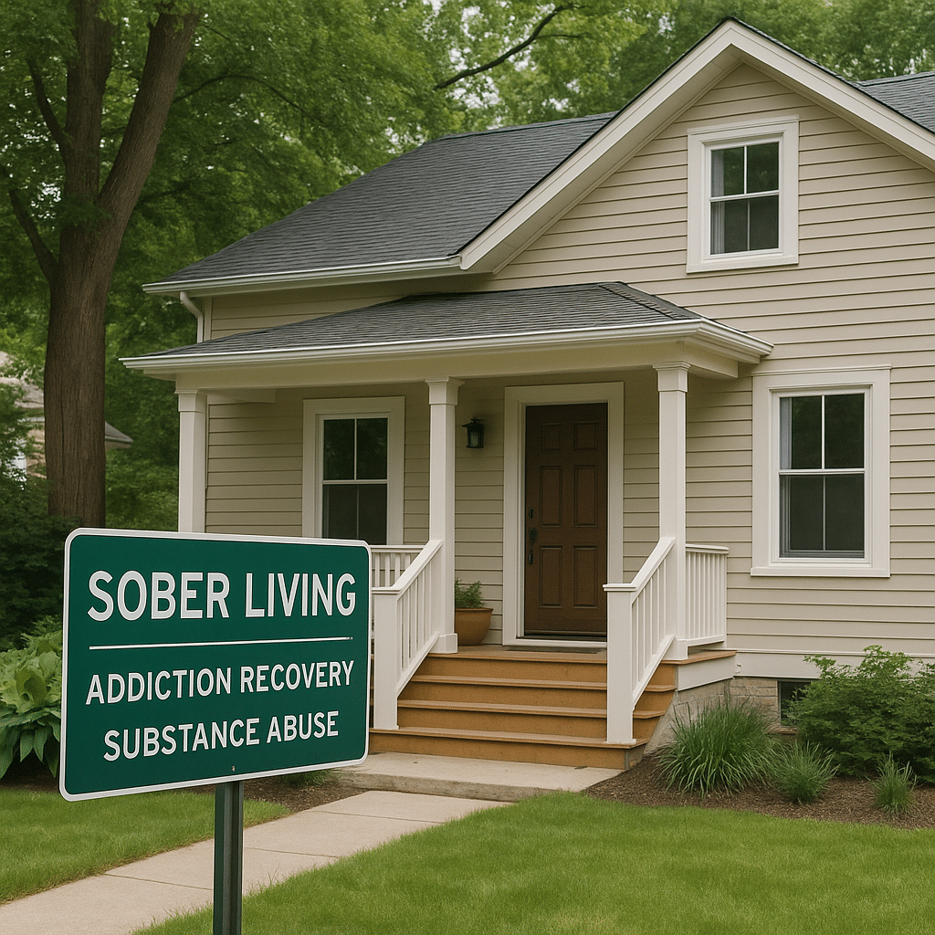 Modern sober living home in Austin Texas surrounded by trees and green lawns, symbolizing recovery and a fresh start.