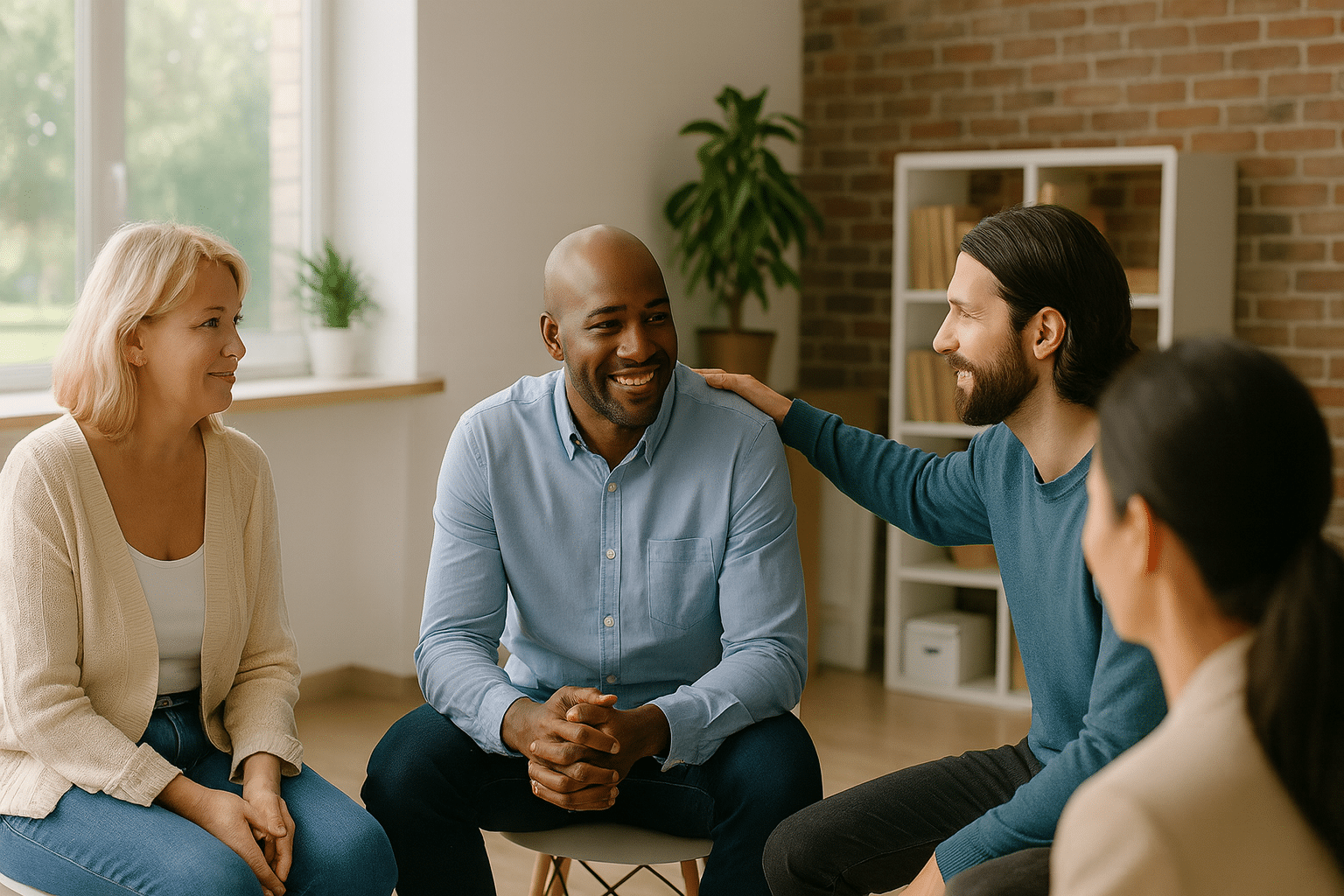 A supportive group therapy session during an intensive outpatient treatment program, showing diverse adults in a modern, sunlit room discussing employment, volunteering, and relapse prevention techniques as part of addiction treatment.