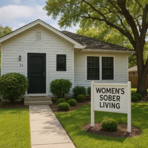 Front exterior of a women’s sober living home in San Antonio, TX, with a welcoming porch, green landscaping, and peaceful surroundings.