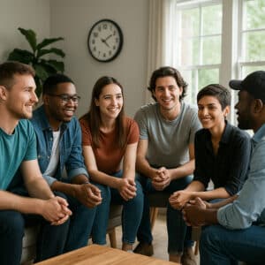 Group of young adults meeting in a bright living room at an Austin sober living home. Title: Group Support at Sober Living Austin Texas