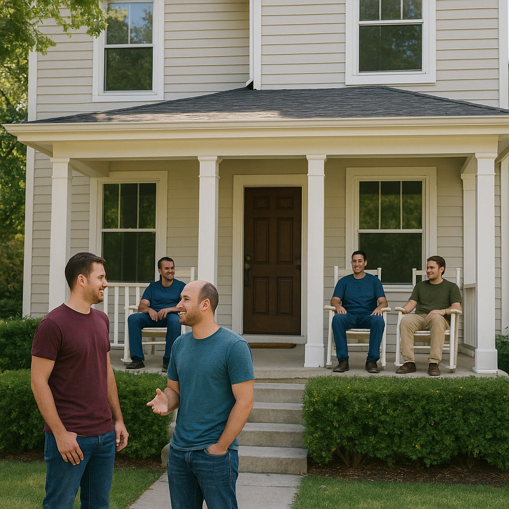 Men socializing outside a sober living home in Austin, Texas.