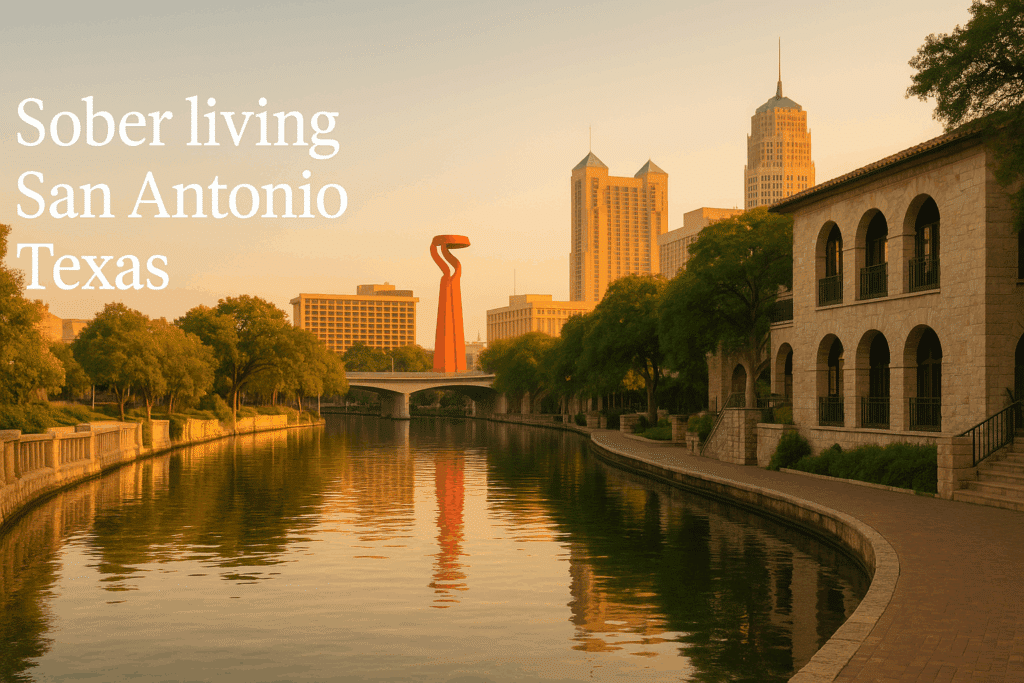 Sober living San Antonio Texas—River Walk skyline at golden hour symbolizing recovery, community, and stability.