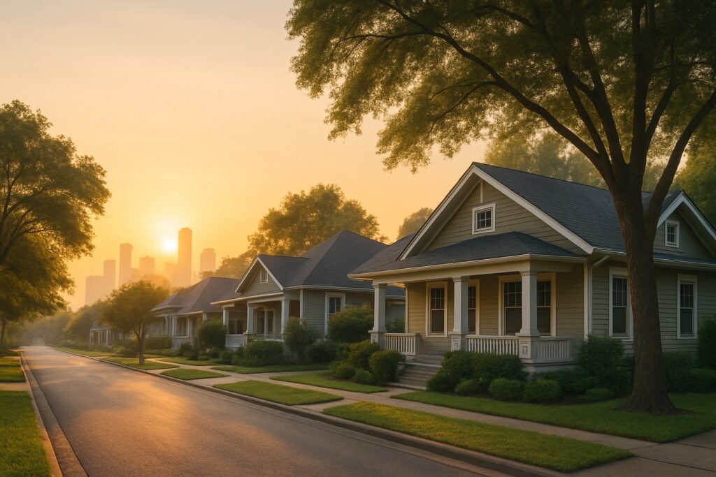Houston Heights bungalow street at sunrise—feature image for sober living homes in Houston TX, showing calm, residential recovery homes and neighborhood stability.