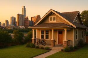 Austin skyline at golden hour behind a tidy craftsman home, symbolizing safe, supportive men’s sober living in Austin, Texas.