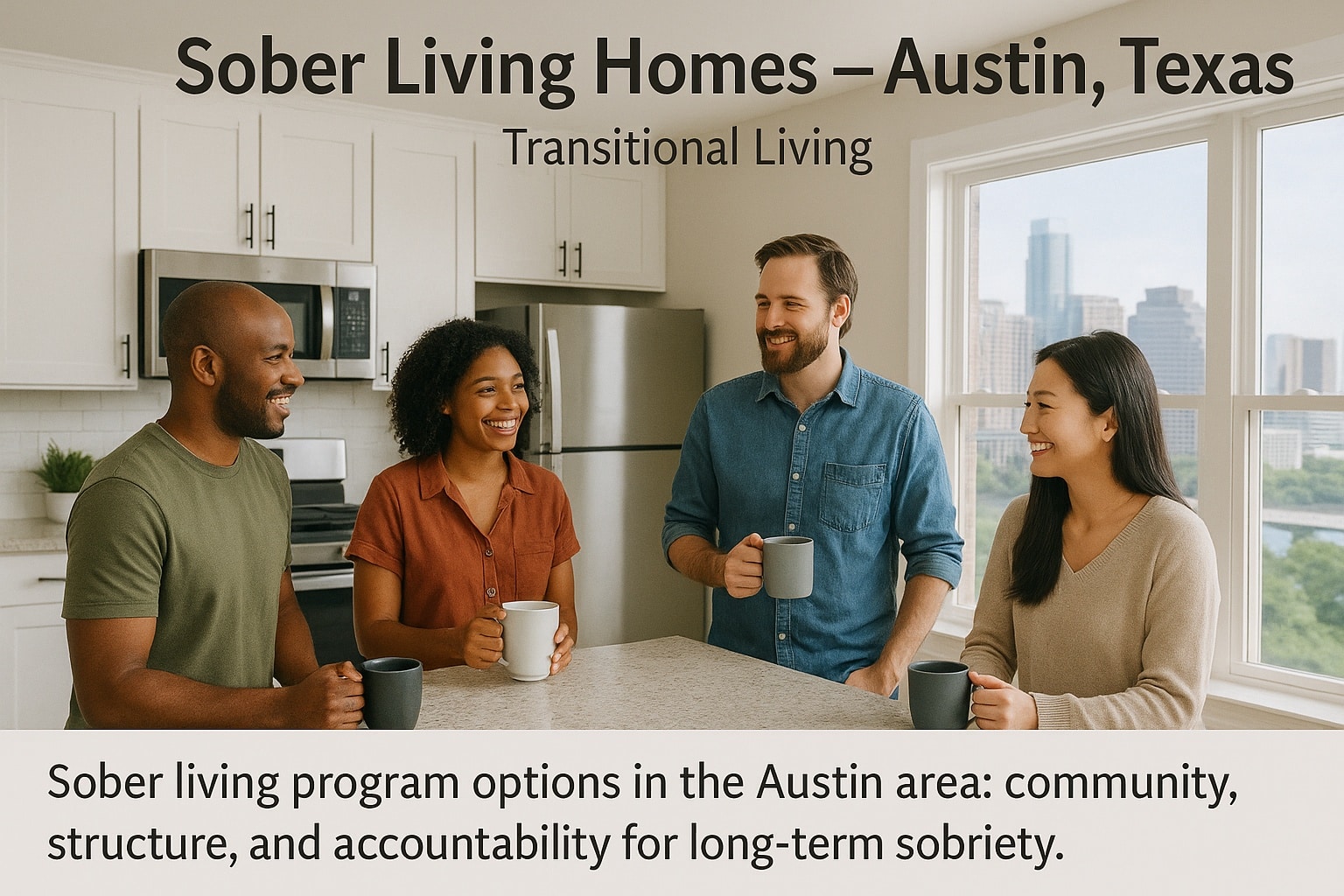 sober living homes Austin Texas—supportive transitional living community in the Austin area with welcoming homes and city skyline backdrop