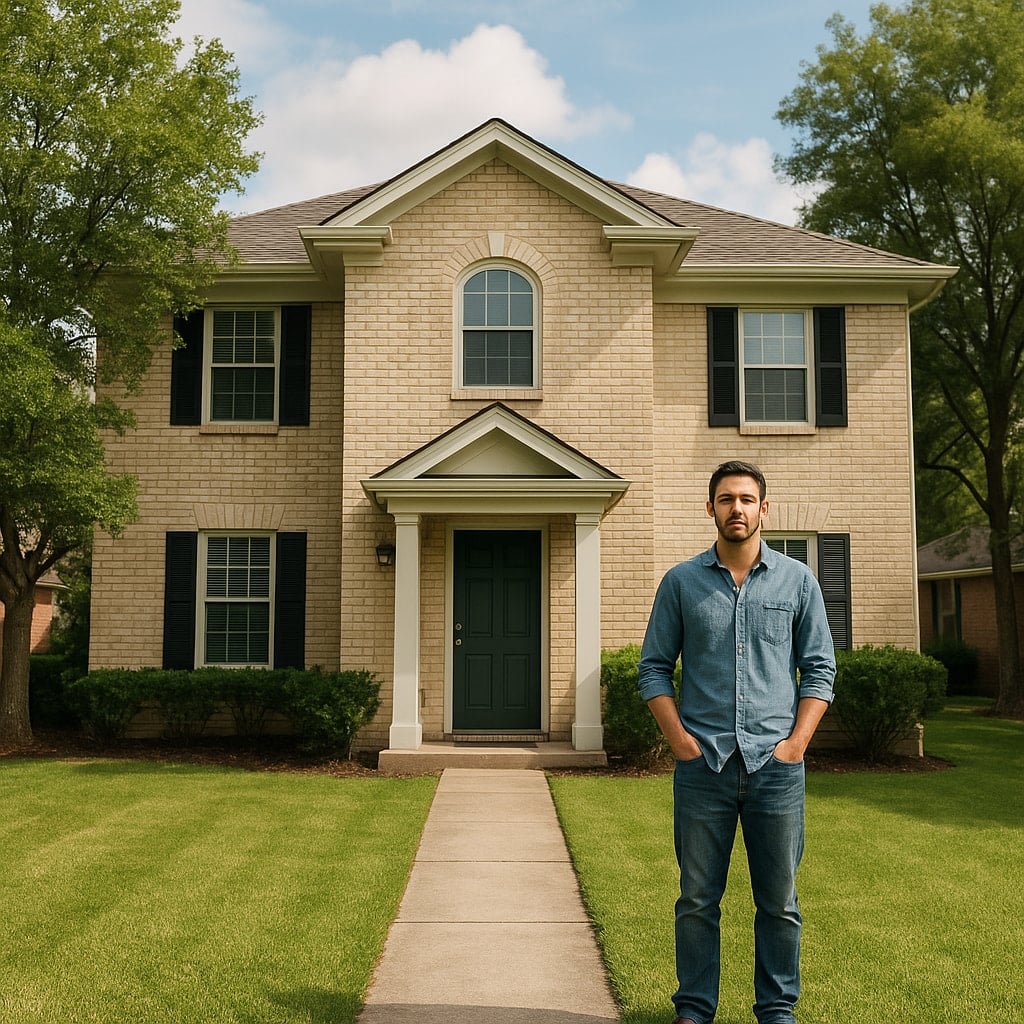 Two-story sober living halfway house in Houston, Texas, with a man standing on the front lawn, symbolizing affordable men’s sober living and recovery.