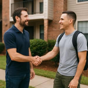 Two men greeting each other outside a residential sober living home in Austin, TX, symbolizing support and community in men’s sober living.