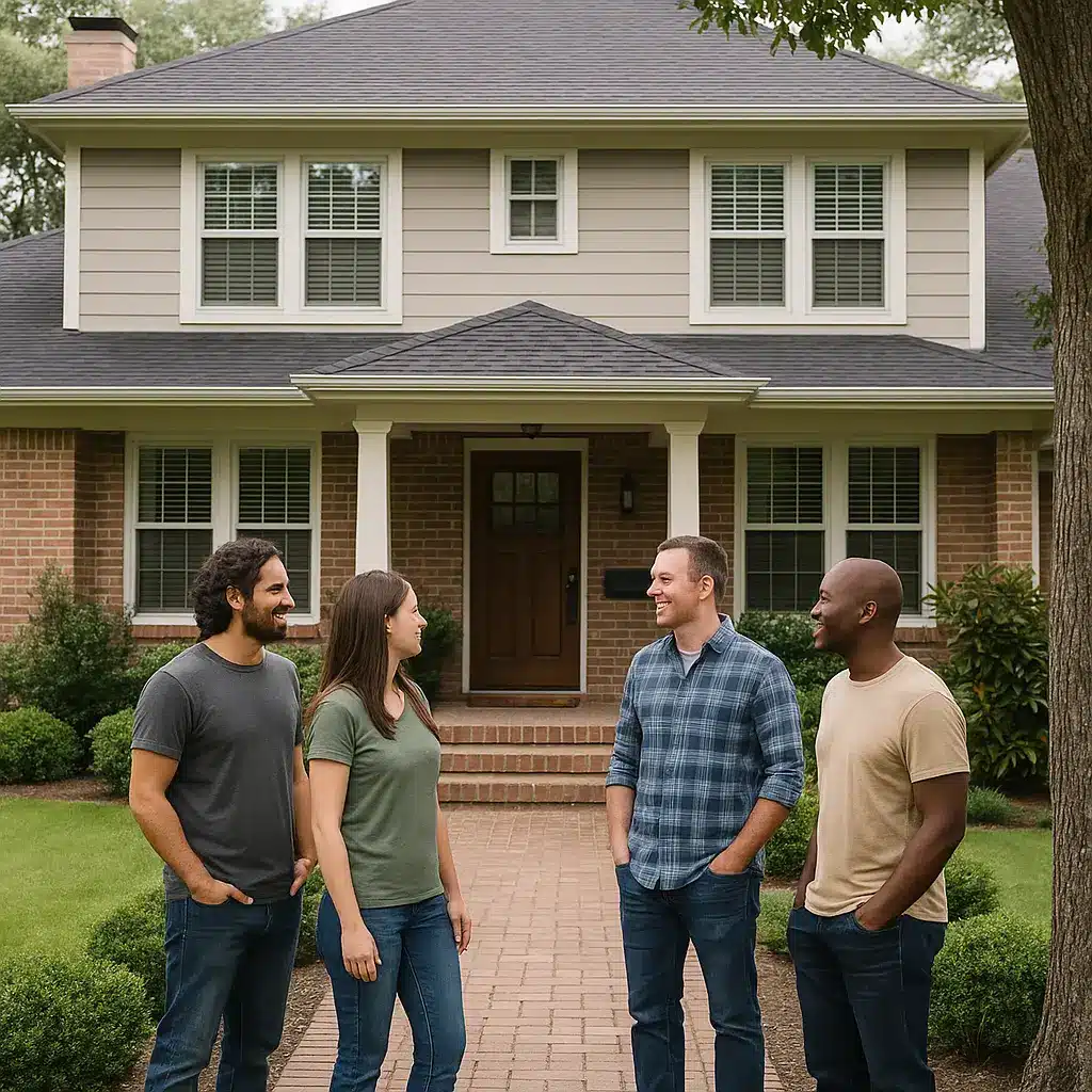 Group of adults talking and smiling in front of a sober living home in Houston, TX.