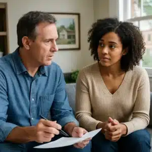 Man assisting a woman with paperwork while discussing how to find someone in a halfway house in Texas and exploring sober living Houston TX options.