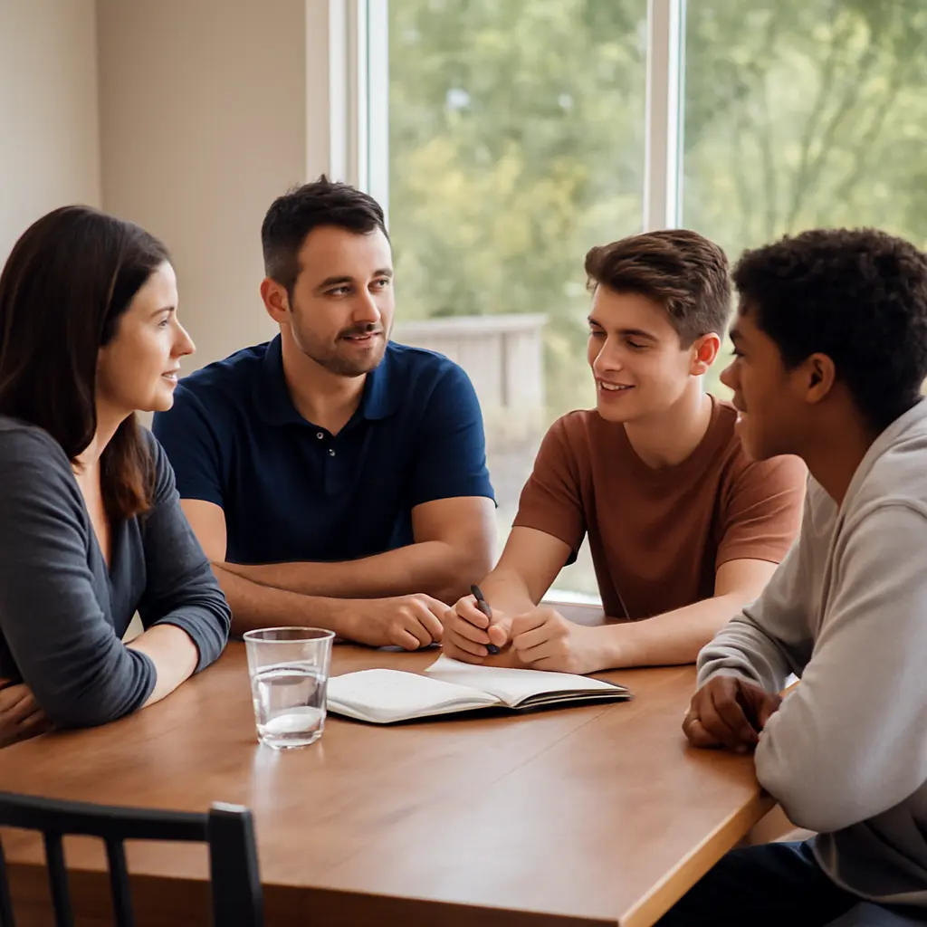 Teens and adults sitting together in a supportive group meeting, reflecting the structured environment of sober living in Houston after teen residential treatment.
