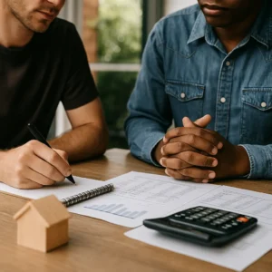 Two individuals reviewing housing cost paperwork with a calculator and wooden house model on a table.