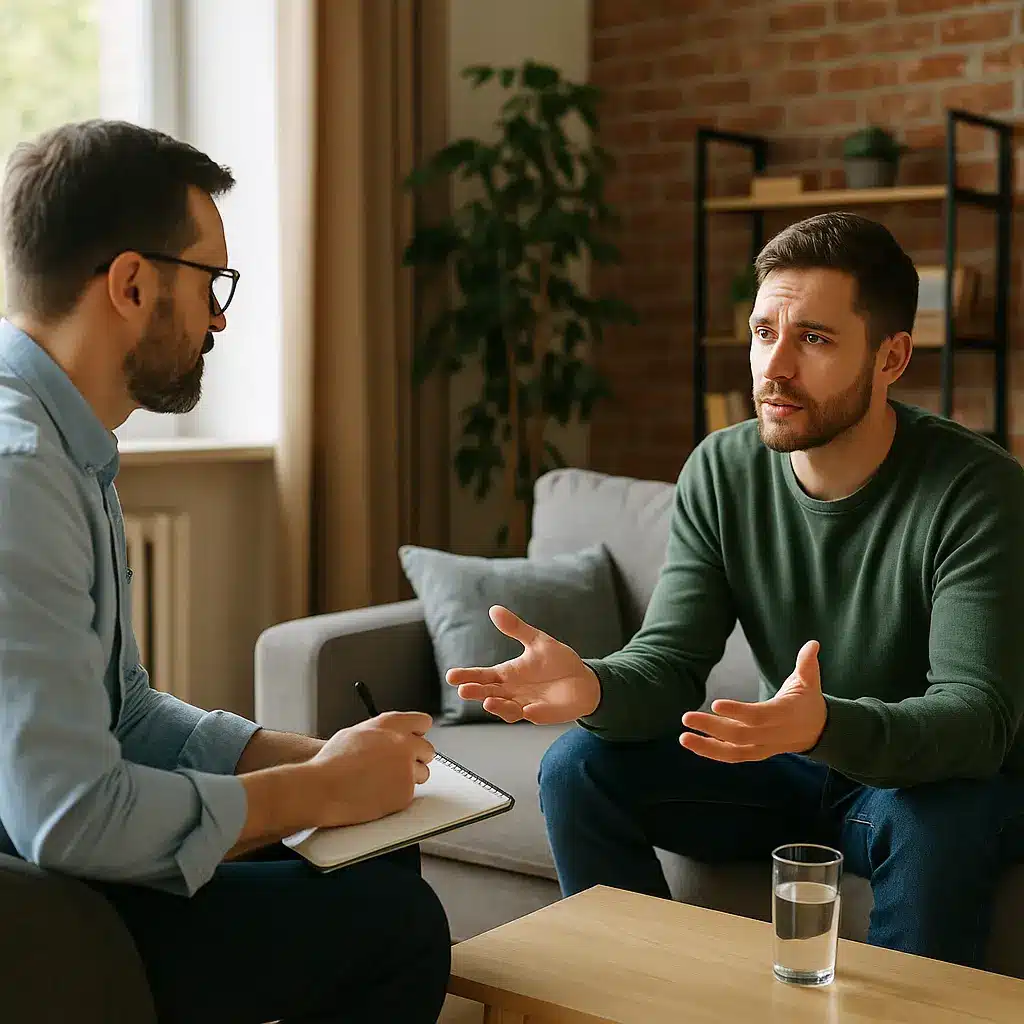 A man in recovery talks with a counselor in a comfortable living room inside a sober living home in Austin Texas.