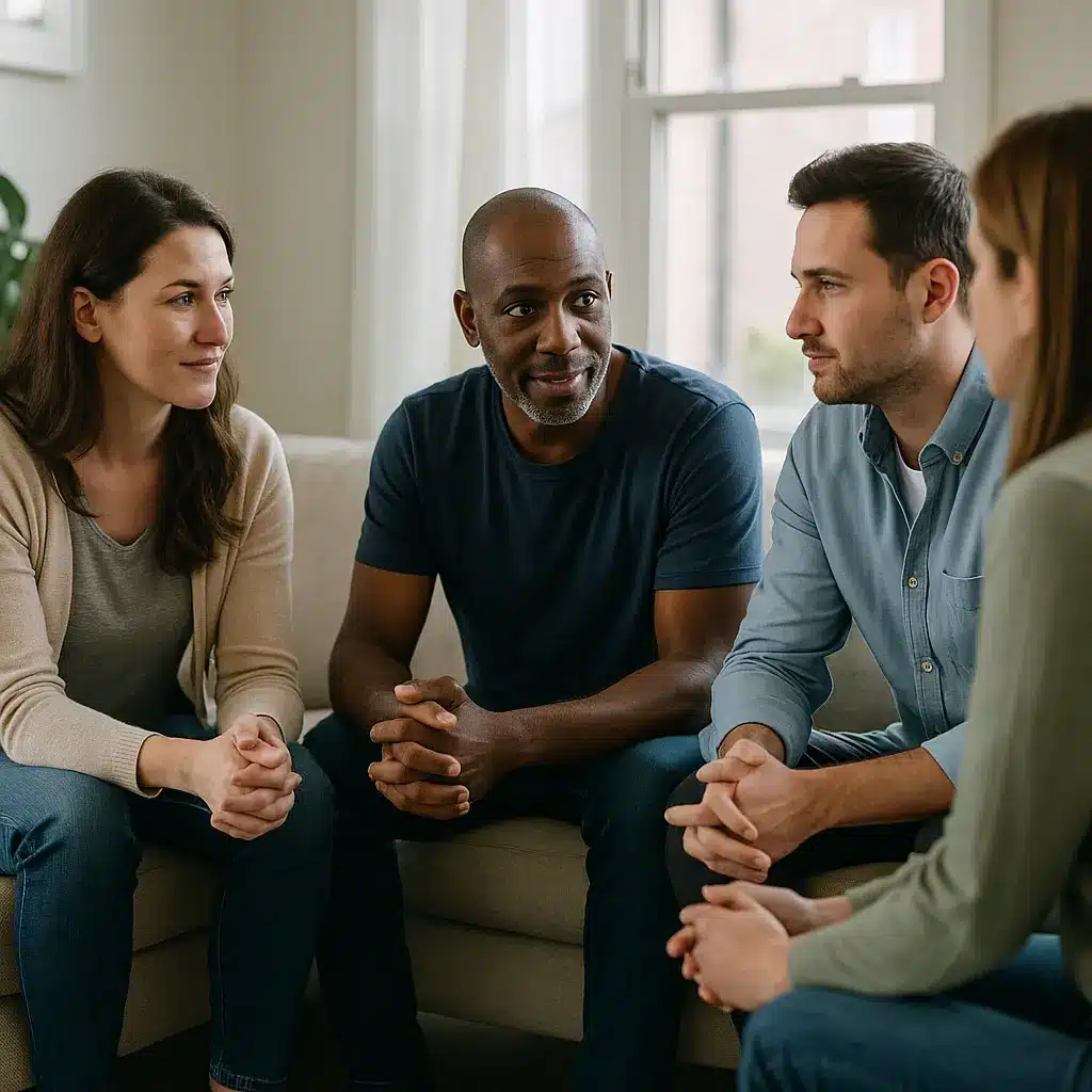 Residents in Eudaimonia sober living Houston Texas sitting together in a bright living room, talking about recovery and daily life.