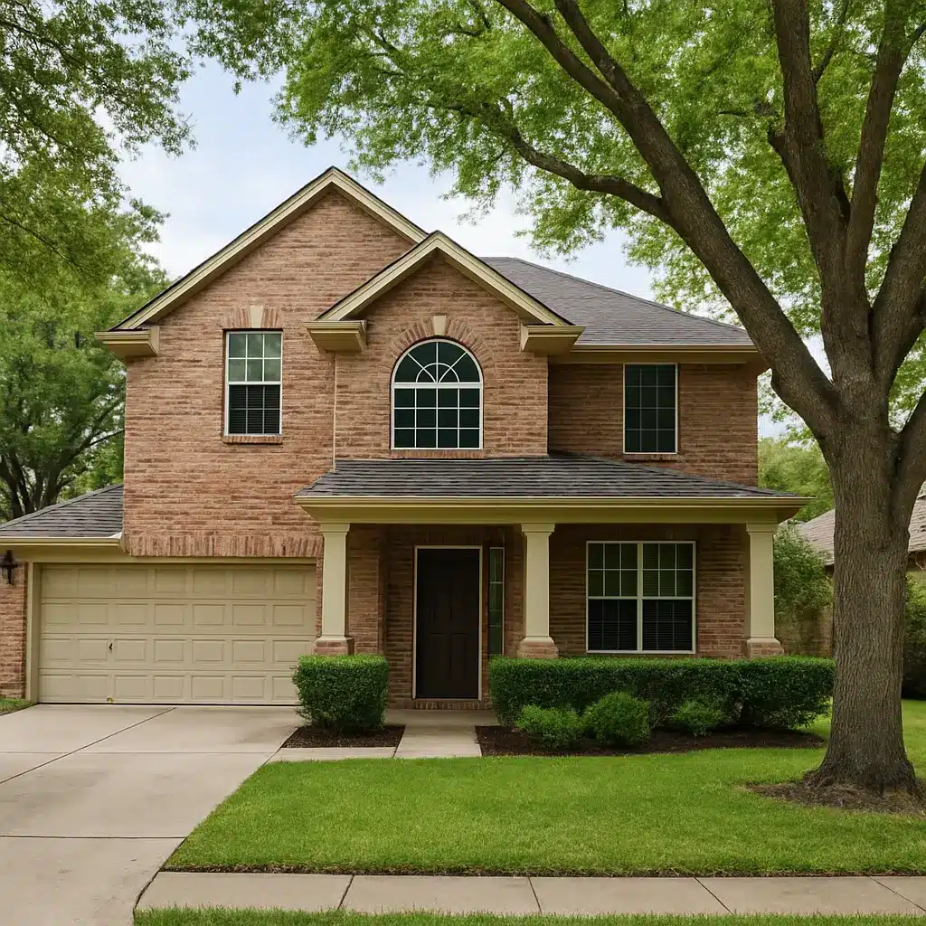 A welcoming two-story brick home with a front porch, green lawn, and mature trees, representing Eudaimonia sober living in Houston Texas.