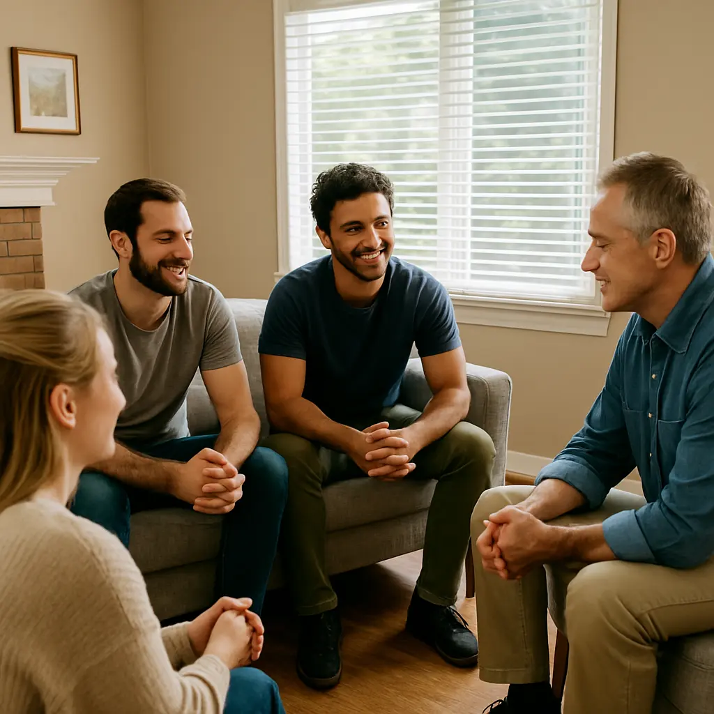 Group of adults talking in a bright living room of a sober living home in Austin Texas, highlighting peer support at Eudaimonia Recovery Homes.