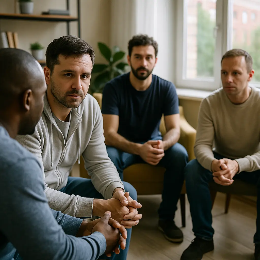 Men participating in a support meeting inside a sober living home in Philadelphia PA.