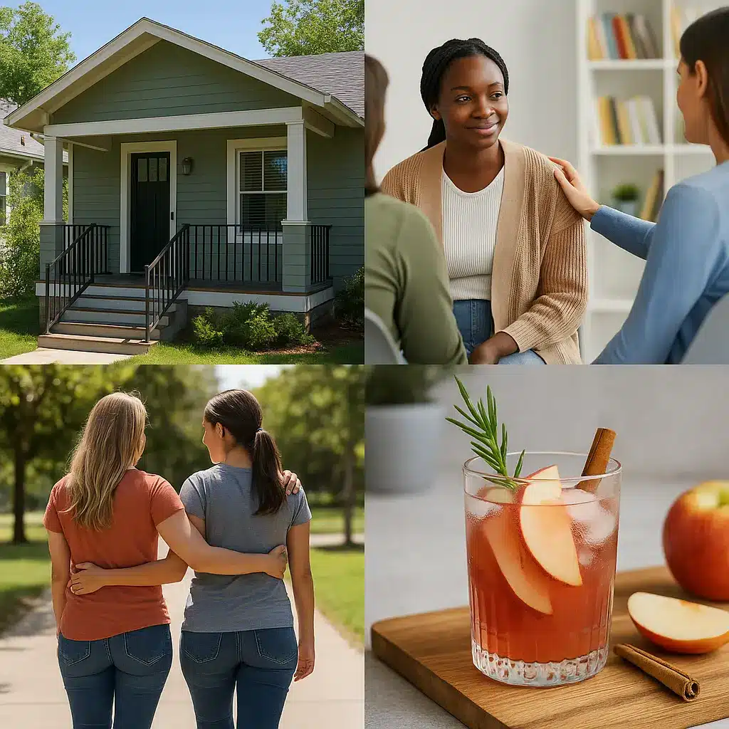 Austin women’s sober living home with supportive group meeting, two women walking together in recovery, and a fall mocktail representing sober living near me.