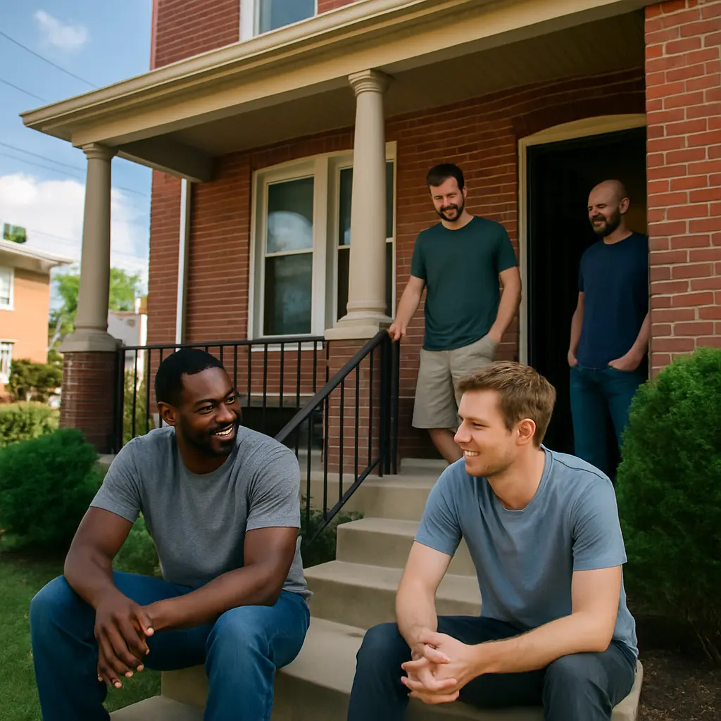 Men sitting together outside a sober living house Philadelphia, showing peer support and community in a structured sober living Philadelphia PA environment.