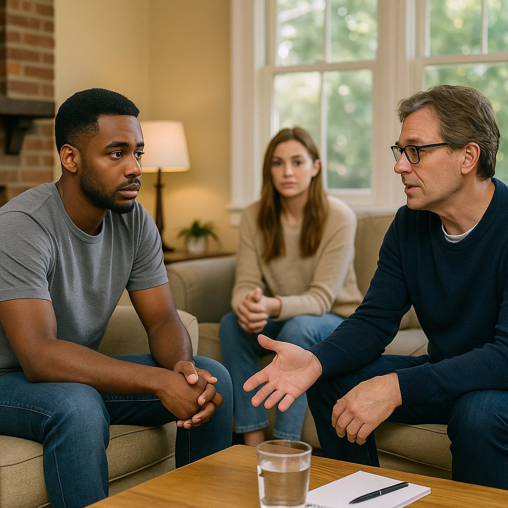 Residents in a Philadelphia sober living home participating in a supportive discussion in a bright, comfortable living room.