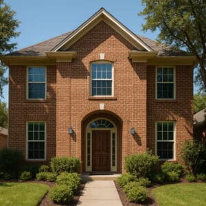 Modern men’s sober living home in Dallas, Texas with red brick exterior, manicured lawn, and welcoming entryway.