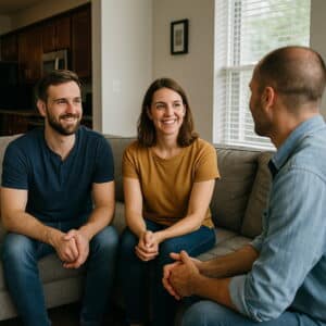 Supportive group conversation in a sober living home in Austin, Texas, where residents connect and discuss finding an AA sponsor.
