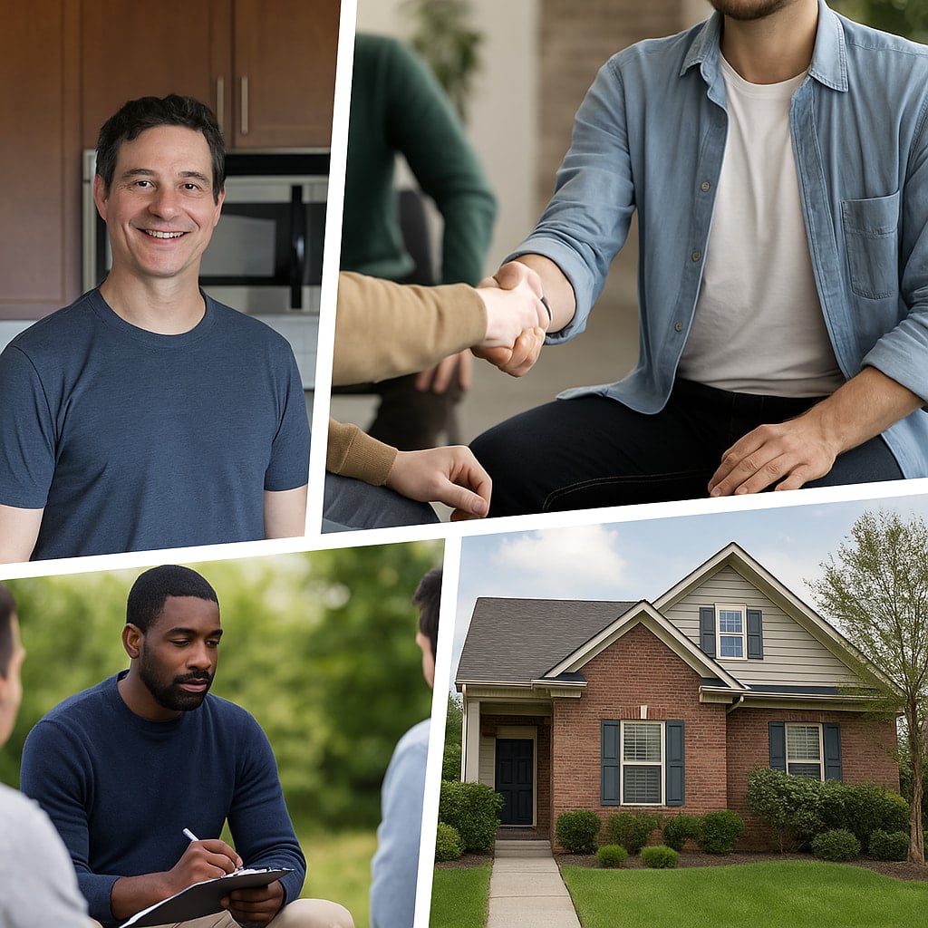 Men sober living community in Houston, Texas with supportive residents meeting outside a brick home surrounded by greenery.